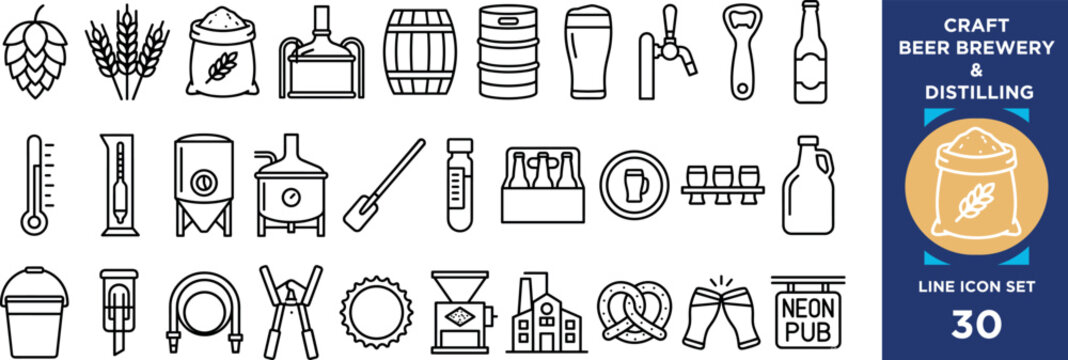 Craft beer brewery and distilling icons for alcohol production, fermentation, brewing equipment and beverage serving.