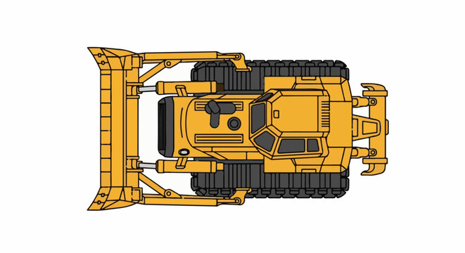 Top-down illustration of a heavy-duty yellow bulldozer with a wide blade and tracks