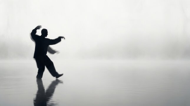 Silhouette of Tai Chi practitioner in misty morning, blending hardness and softness