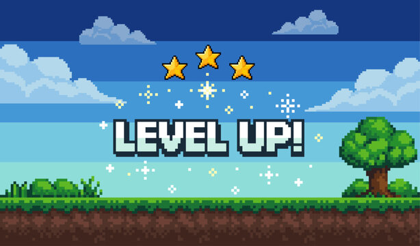 Pixel Art Game Background with Level Up Text and Three Stars. Game design concept in retro style. Vector illustration eps 10