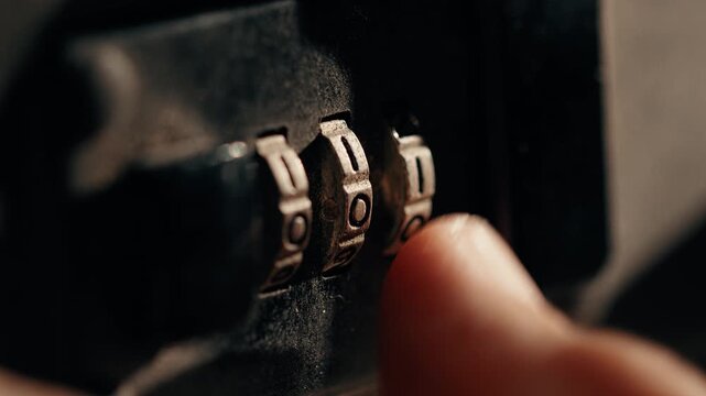 Fingers unlock the secret code to open a black briefcase in office