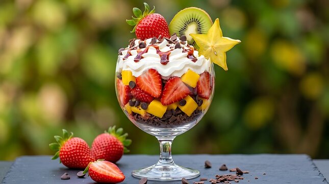 Parfait Buah Musim Panas yang Segar dan Berwarna-warni dengan Stroberi, Mangga, Kiwi, Krim Kocok, dan Cokelat