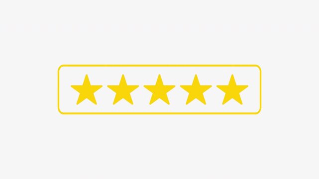 4K video cartoon five star rating icon animation with bright yellow stars and smooth scaling effect. Alpha channel overlay suitable for educational, commercial, and social media projects.