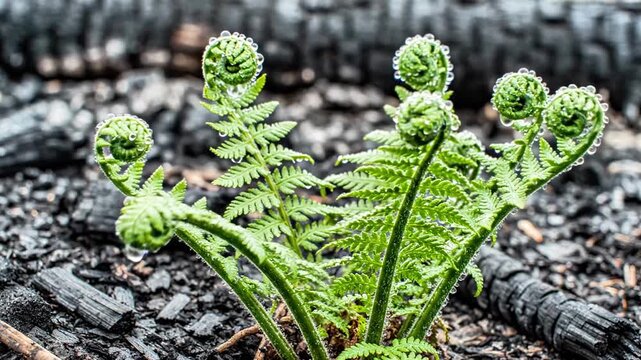 A small green fern with curled fronds emerges from charred soil