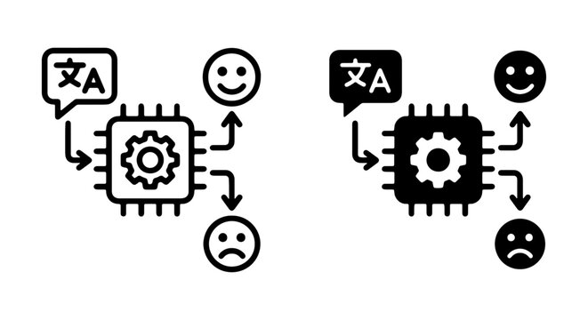 AI language translation icons, artificial intelligence processor with sentiment analysis symbols