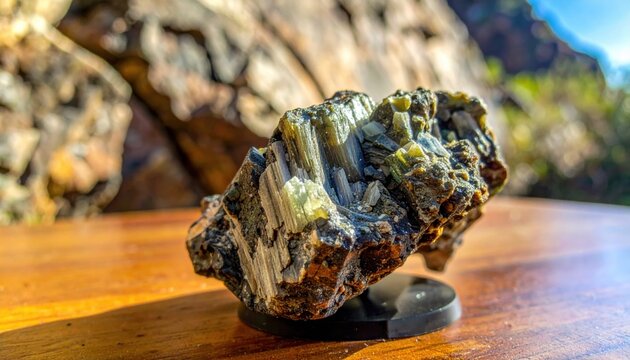 Rough Uranium Ore Sample Showing Visible Crystalline Structures Resting on a Wooden Surface