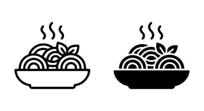 Italian pasta bowl icons, hot spaghetti noodle vector set, minimalist food line art graphics