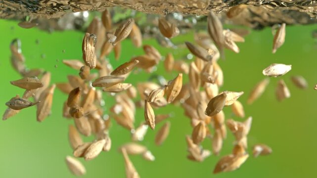 Super Slow Motion Shot of Barley Grains Falling into Water at 1000fps. Beer brewing concept.