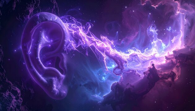 Vibrant organic pulsating tendrils of purple light forming the distinct shape of a human ear in deep outer space, surrounded by a swirling cosmic nebula of gas and dust.