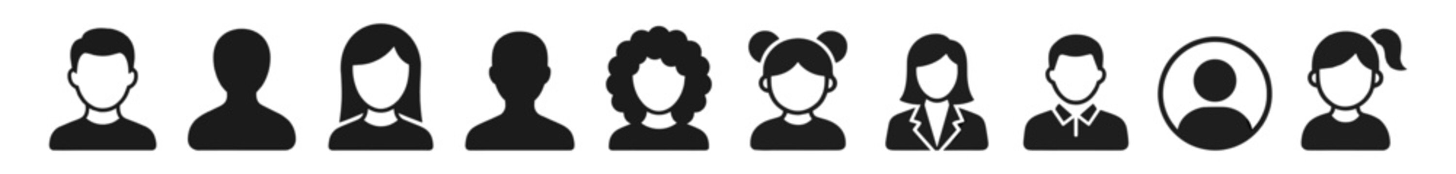 Set of diverse user profile avatars icons including male and female silhouettes with different hairstyles and clothing styles on transparent background