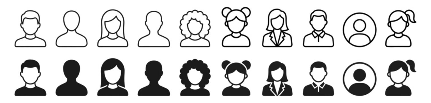 Set of male and female user avatar icons in various styles including outline and solid versions on transparent background
