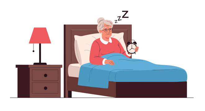 Elderly woman sleeping peacefully in her bed at night with a glowing bedside lamp and an alarm clock in her wrinkled hand.