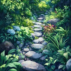 Obraz premium Serene forest stream with rocks and lush green vegetation in nature scene