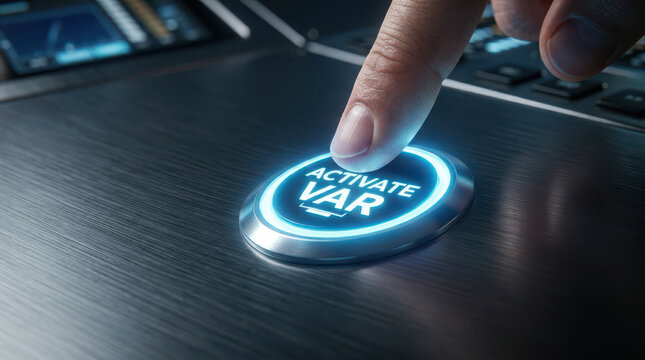 Finger pressing digital button activate var with glowing blue light metal surface, technology concept with futuristic emotion