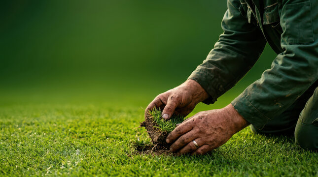Groundskeeper hands holding turf with soil on green grass field in natural light