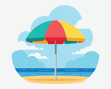 Colorful beach parasol illustration with ocean and sky background