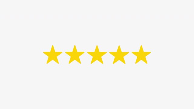 ⁠Five star rating animation with glowing yellow stars and smooth review scoring effect on transparent background 4K resolution.