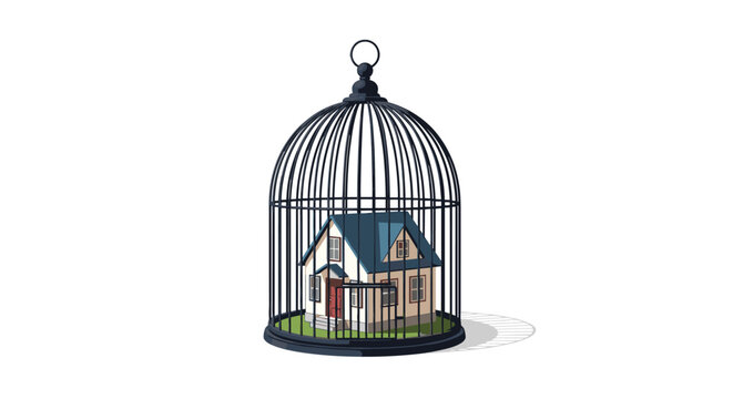 Small residential house trapped inside a large black metal birdcage, representing housing market constraints or home confinement concepts.
