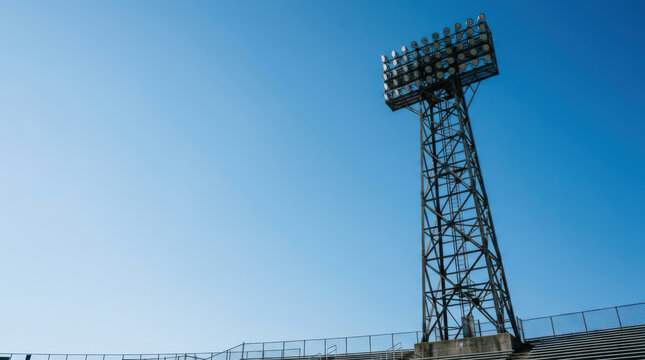 Stadium light tower with clear blue sky background and empty bleachers under bright daylight