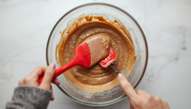 A person spreads smooth brownie batter inside a glass bowl using a red silicone spatula for baking delicious homemade treats