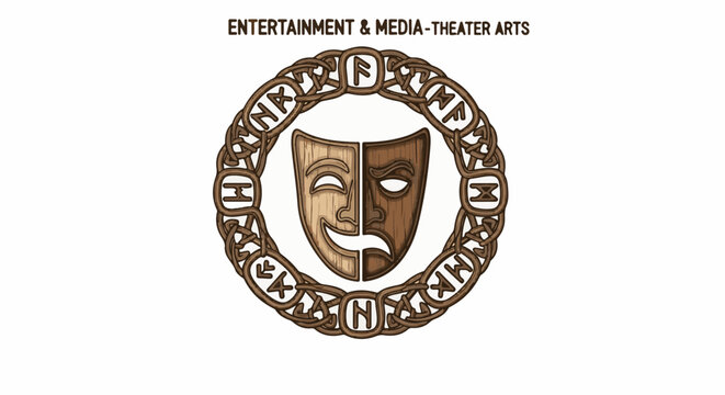 Wooden theater masks framed by intricate knotwork and ancient runes