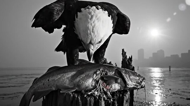 Black and white portrait of a majestic bald eagle tearing into a freshly caught catfish by the water with a city skyline in the background
