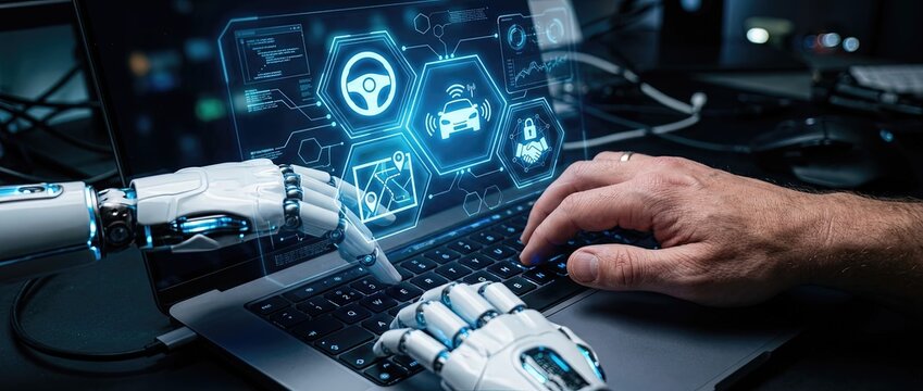 Innovative robotics interaction demonstration technology lab digital content high-tech environment close-up viewpoint futuristic concept of human-robot collaboration