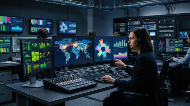Technology control room with operators monitoring data on multiple computer screens