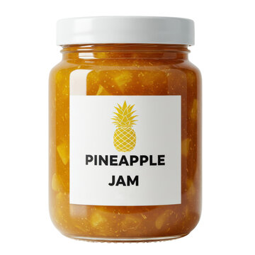 Jar of pineapple jam with white lid and label, 550 ml capacity isolated on white background