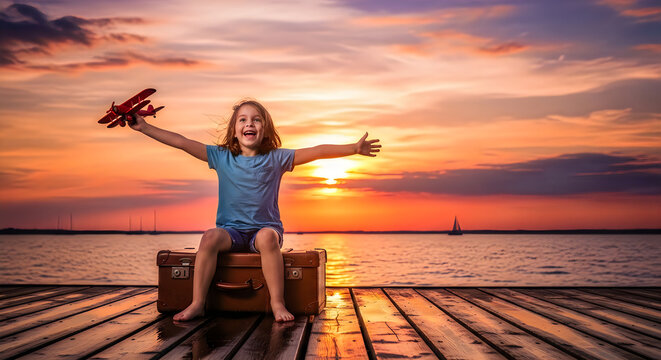 Child holding toy plane while on brown suitcase, happy kid arms outstretched towards orange sunset over calm water, wooden dock planks under feet, small sailboat silhouette near horizon line.