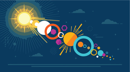Creative abstract space-themed vector illustration featuring a glowing sun, colorful planets, concentric circles, orbital elements, and geometric shapes against a dark night sky. © AI illustration 
