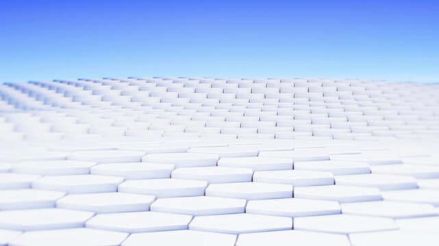 White hexagonal tile surface stretching into the horizon under a clear blue sky as a seamless loop 3D animation, perfect as a clean technology or architecture background video