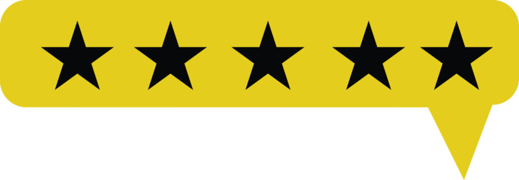 Five black stars rating icon in a yellow speech bubble isolated on transparent background