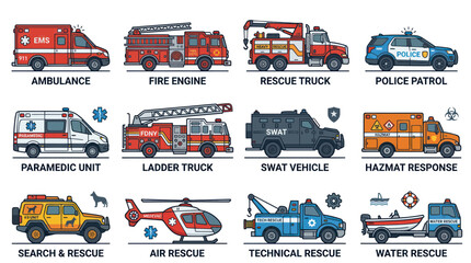 Emergency Vehicles Collection: Ambulance, Fire Truck, Police Car, Rescue Helicopter © jungkat