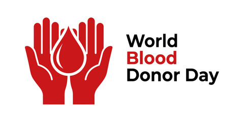 Obraz premium World Blood Donor Day vector illustration with two open red hands holding a blood drop on white background