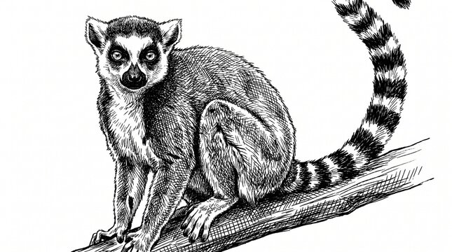 Curious ring-tailed lemur sitting on a branch representing Madagascar wildlife against white background [with copy space]
