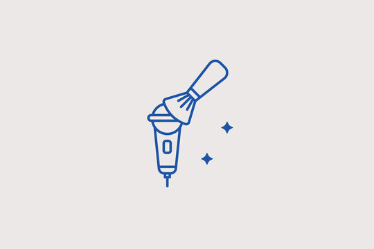 Makeup brush applying powder on cosmetic tube line icon for beauty blogging for cosmetics retail marketing. Useful vector illustration for skin care review portals, makeup tutorial apps.