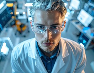 Fototapeta premium A scientist in protective gear stands in a laboratory setting
