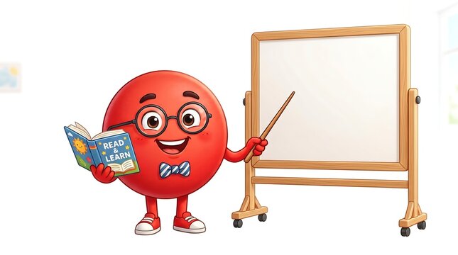 Cheerful red circle character teaching with book and pointer