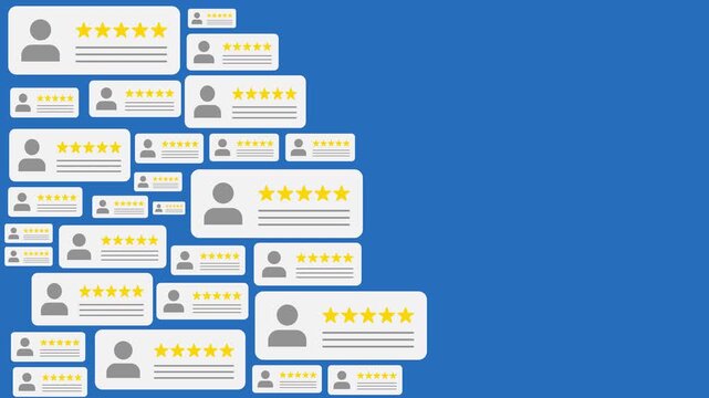 User review animation featuring speech bubbles, star ratings, and feedback elements. Modern customer testimonial concept for websites, apps, and promotional videos 4K video resolution.