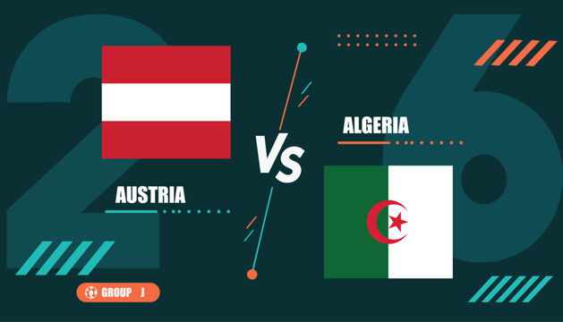 Austria versus algeria flags on dark green background with graphics