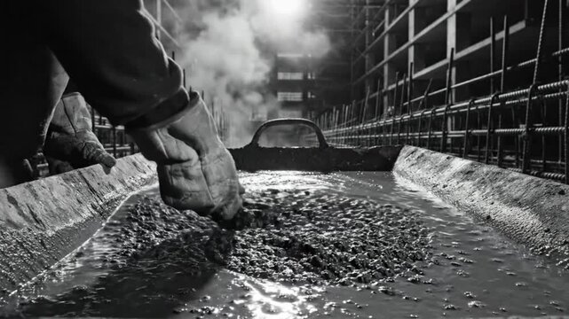 Black and white shot of gloved worker using a trowel to mix cement in a tray