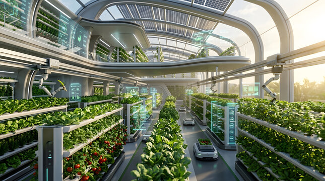 Futuristic vertical farm with automated vehicles, robotic arms, and solar panels for sustainable agriculture