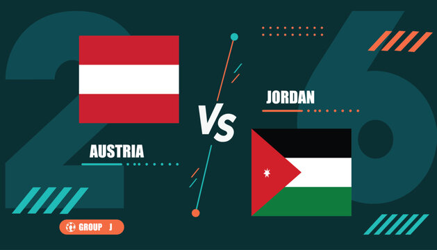 Austria versus jordan flags on dark green background with graphics