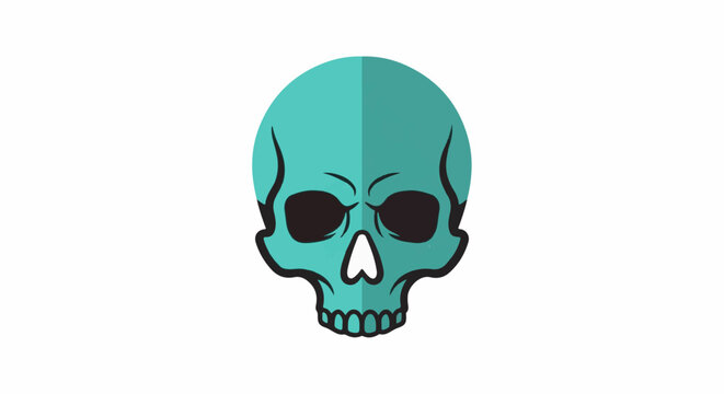 Teal skull with black eye sockets and nose against white background