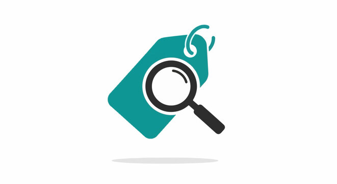 Teal price tag with magnifying glass symbol, minimalist icon