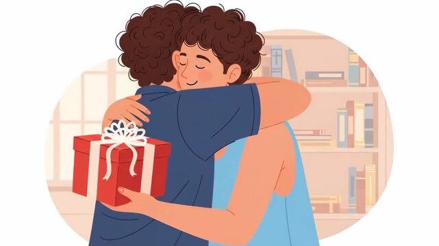A warm embrace between two individuals sharing a special gift celebration