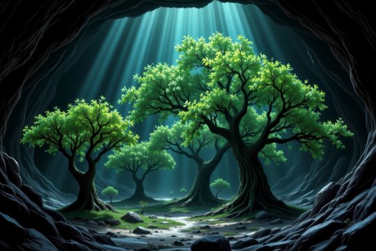 Serene Indoor Forest with Sunlit Trees and Tranquil Atmosphere
