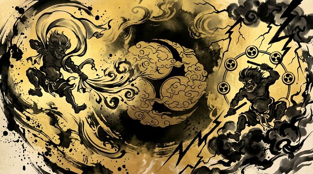Fujin Raijin Japanese Ink Splash Frame on Gold-Black