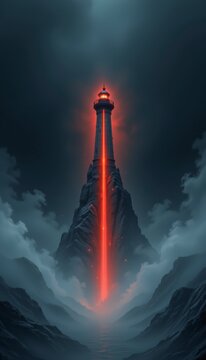 Mystical Lighthouse Illuminating the Stormy Mountain Scene